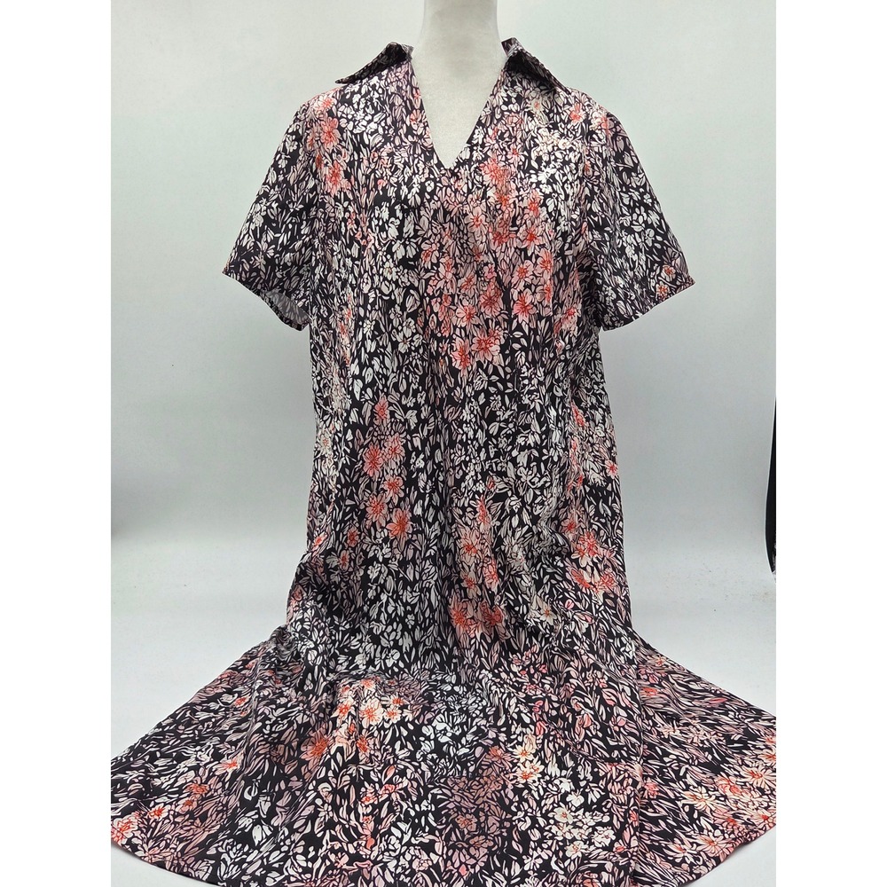 Women's L Floral V-Neck Short Sleeve Midi Dress Black Pink 101-840
